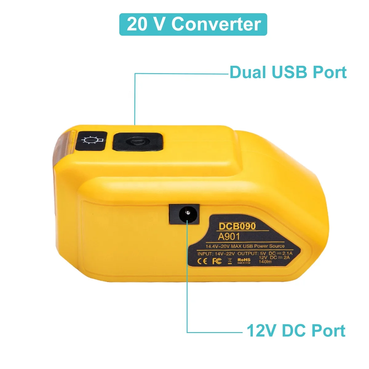 DCB090 14V-18V 2xUSB Ports Charging Dewalt Converter Adapter Charger for Dewalt 20V Lithium ion Battery With LED Work Light