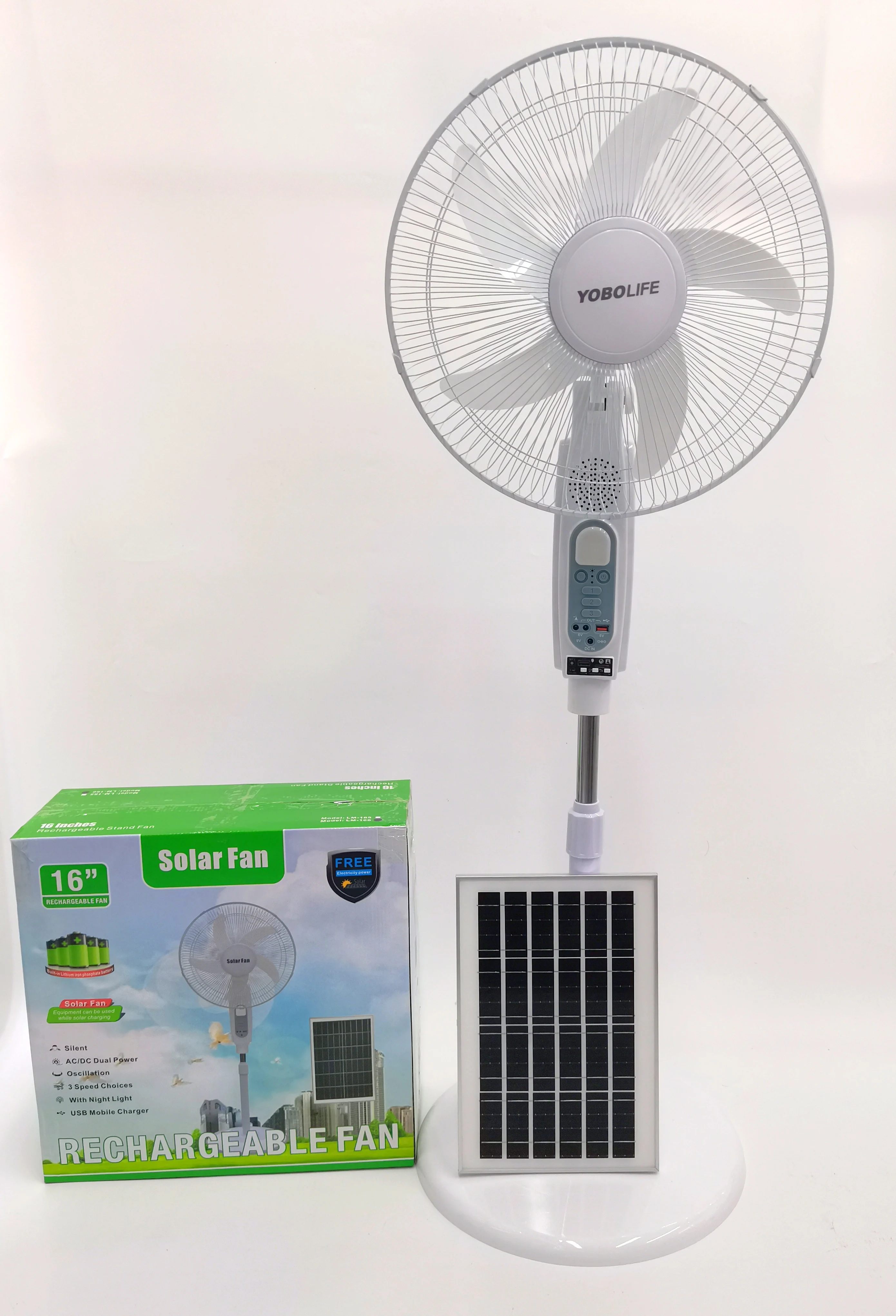 New Product LM-166 Rechargeable Stand Fan 16 Inch AC/DC Operated With LED Light Music FM Radio Player Solar Fan for Home