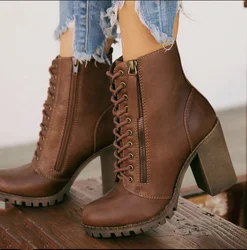 2021 Tan Black Mature Sexy Ladies Ankle Chunky Platform High Heels Boots Women Shoes