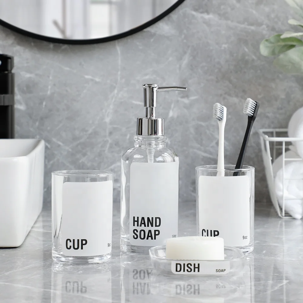Wholesale Elegance Glass Bathroom Set Decor 4 Piece Toothbrush Holder Soap Dispenser Dish Glass Bathroom Accessories