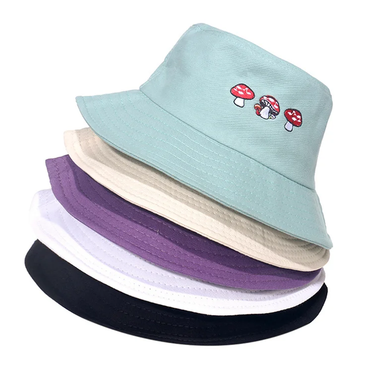Summer Mushroom Embroidered Reversible Bucket Hat Women Outdoor Street Fisherman Hat Korean Style Solid Climbing Sunscreen Hat