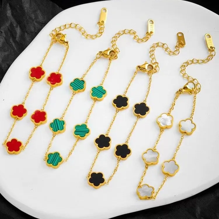 Carline Topsale Five Leaf Clover Bracelet Shell Colorful Jewelry Stainless Steel 18k Gold Plated Bracelet Five Flower Bracelet