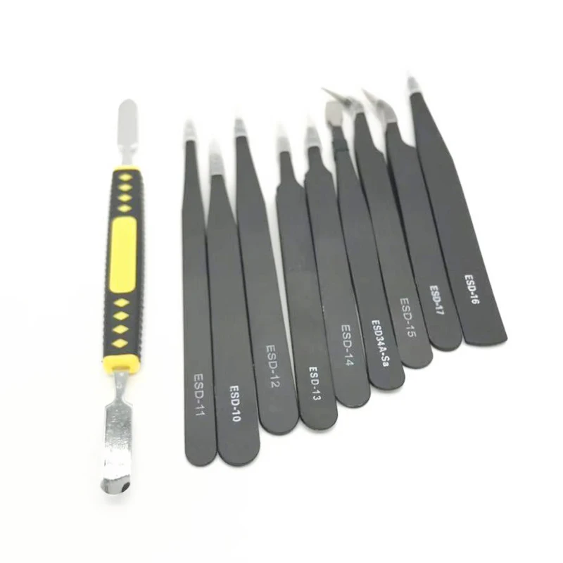 Profession 10 PCS ESD Anti-Static Stainless Steel Tweezers Set with Crowbar  for  Clocks Phone Repair
