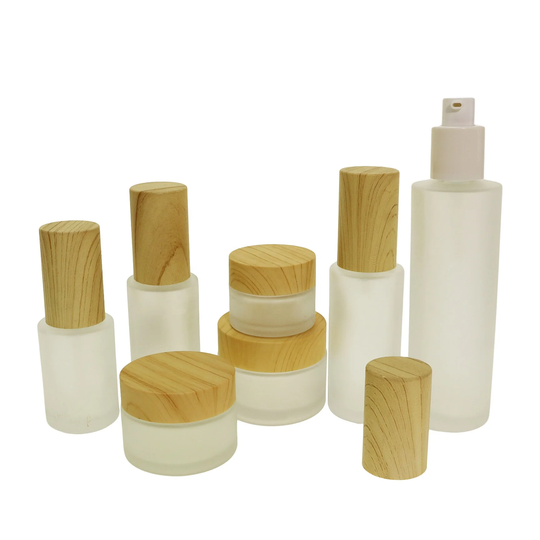 Skincare cosmetic frosted glass bottle with pump lotion cream jar with plastic bamboo lid LS-10Q
