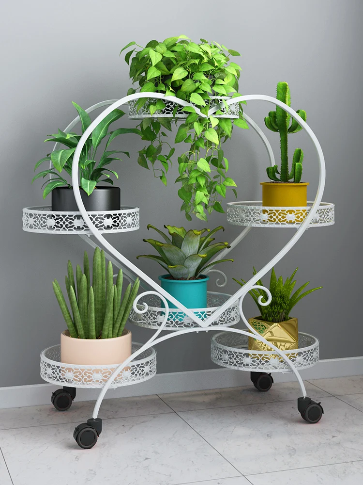 Balcony decoration wrought iron heart-shaped green radish flower rack shelf floor type multi-layer flower pot shelf with wheels