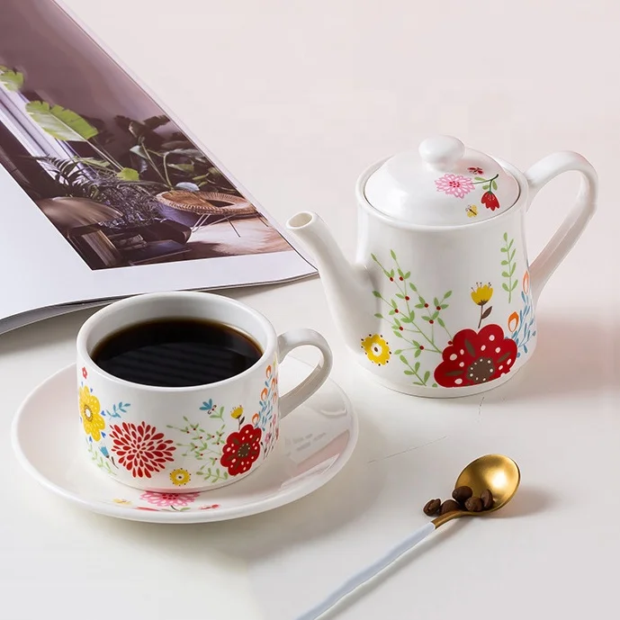 Wholesale Stackable Ceramic Tea Pot with 2 Tea Cups Set Flower Printed Tea for Two Gift Set