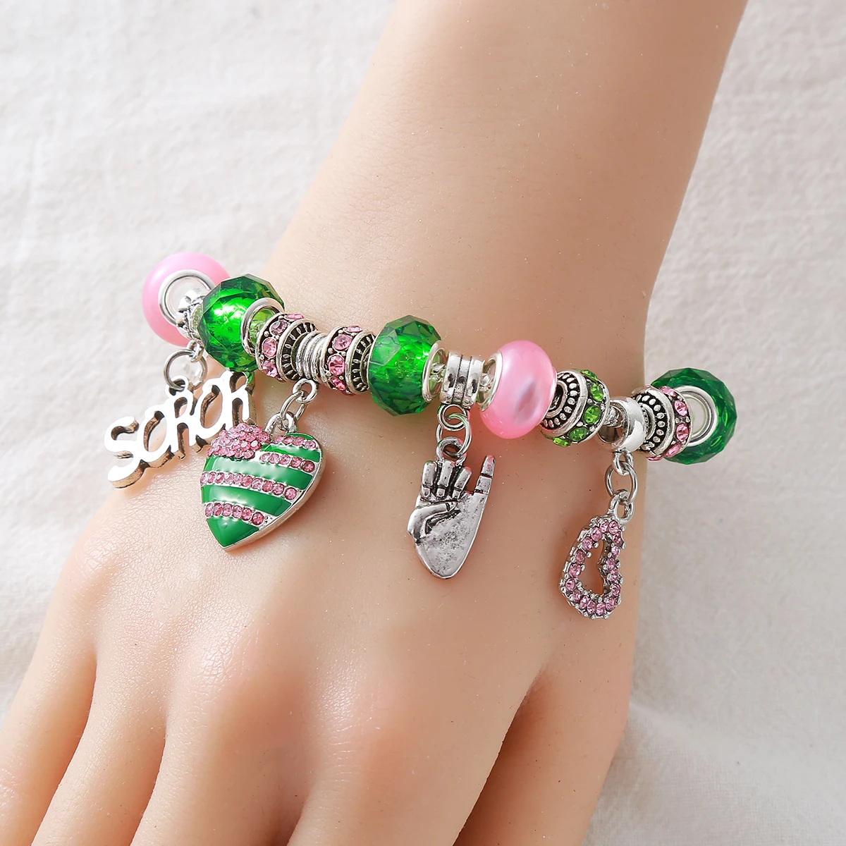 Factory Directly Sale Fancy Designer Sorority Alpha Inspired Charms Pink And Green Beads Making Fashion IVY Sorority Bracelet
