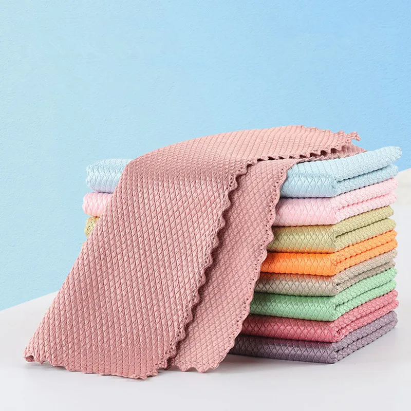 Оптовая продажа, салфетка из микрофибры для чистки, салфетка со стеклянной тряпкой, салфетка с рыбьей чешуей, впитывающее полотенце для посуды