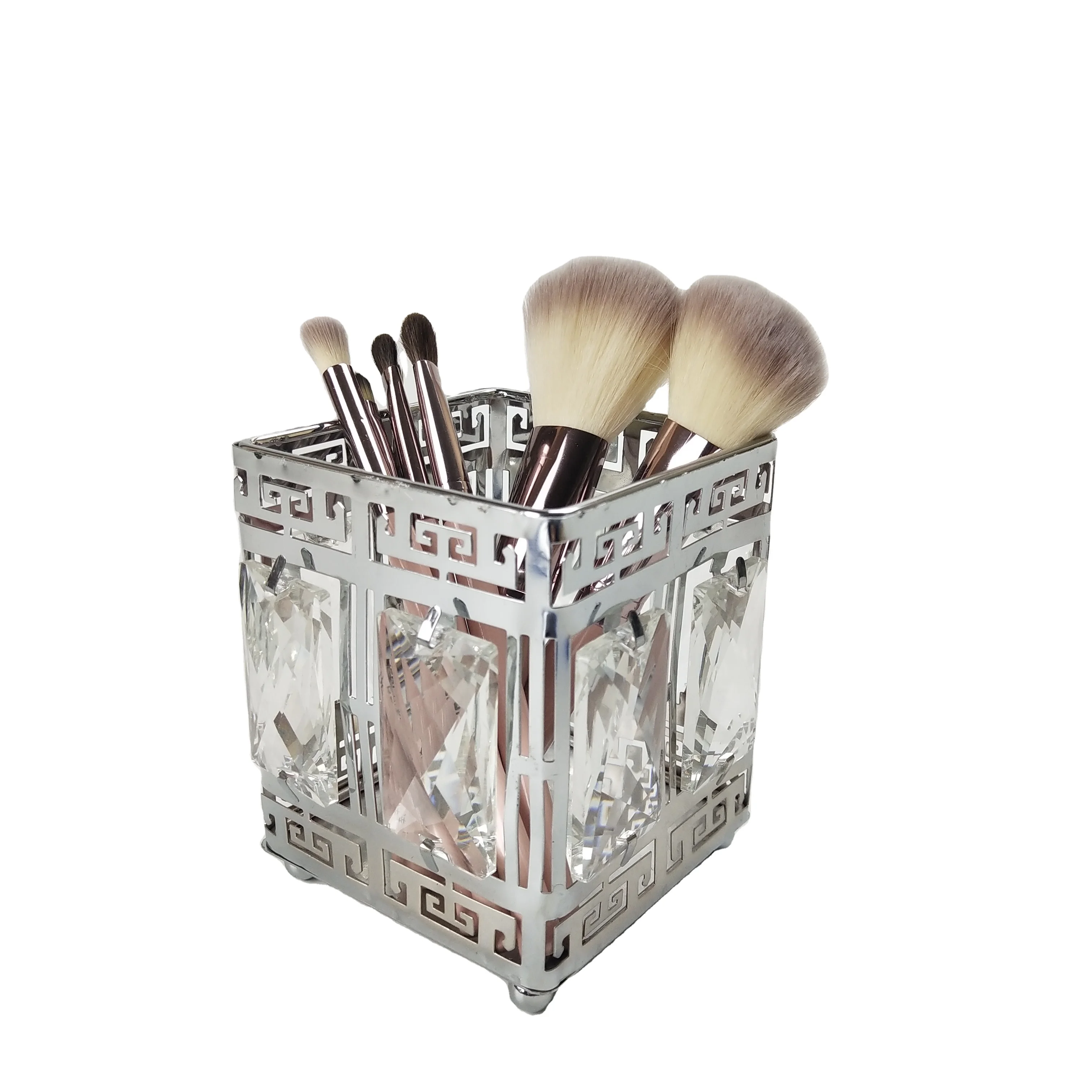 Office Desk Organizer Metal Square Silver Crystal Crafts Bathroom Vanities Cosmetic Make up Brush Storage Holder Organizer