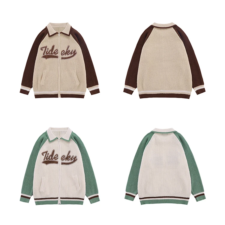 2024 causal polo zipper cardigan sweater stripes embroidery cable knit sweater long sleeve winter  breathable knitted sweater