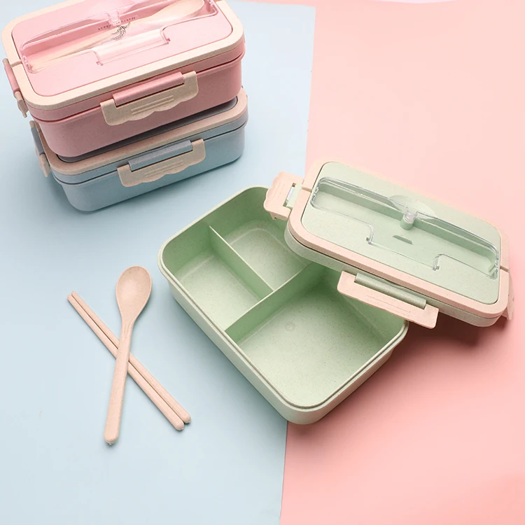 Hot Sell Wheat Straw Plastic Food Container Lunch Box with Chopsticks And Spoon