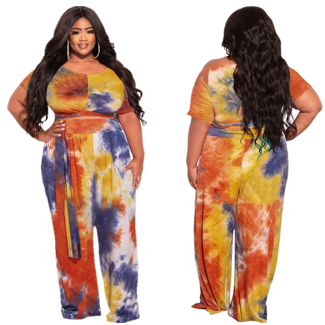 2022 New Trendy Casual Lace-Up T-Shirt Wide Leg Pants 5Xl Two Piece Set Summer Tie-Dye Bandage Print 2 Piece Plus Size Pants Set