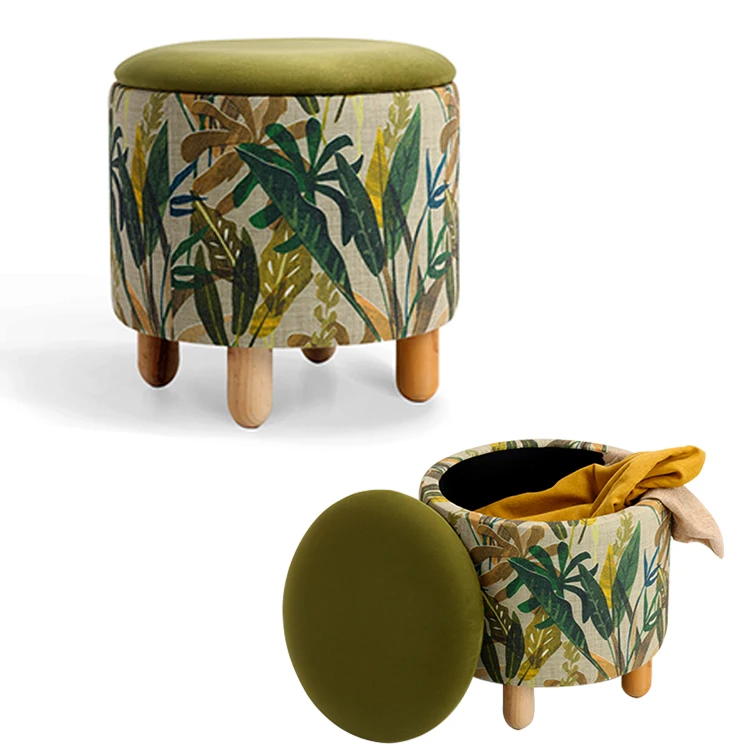 K&B high quality 3d flower design green velvet round storage ottoman stool upholstered tabouret with solid wood leg