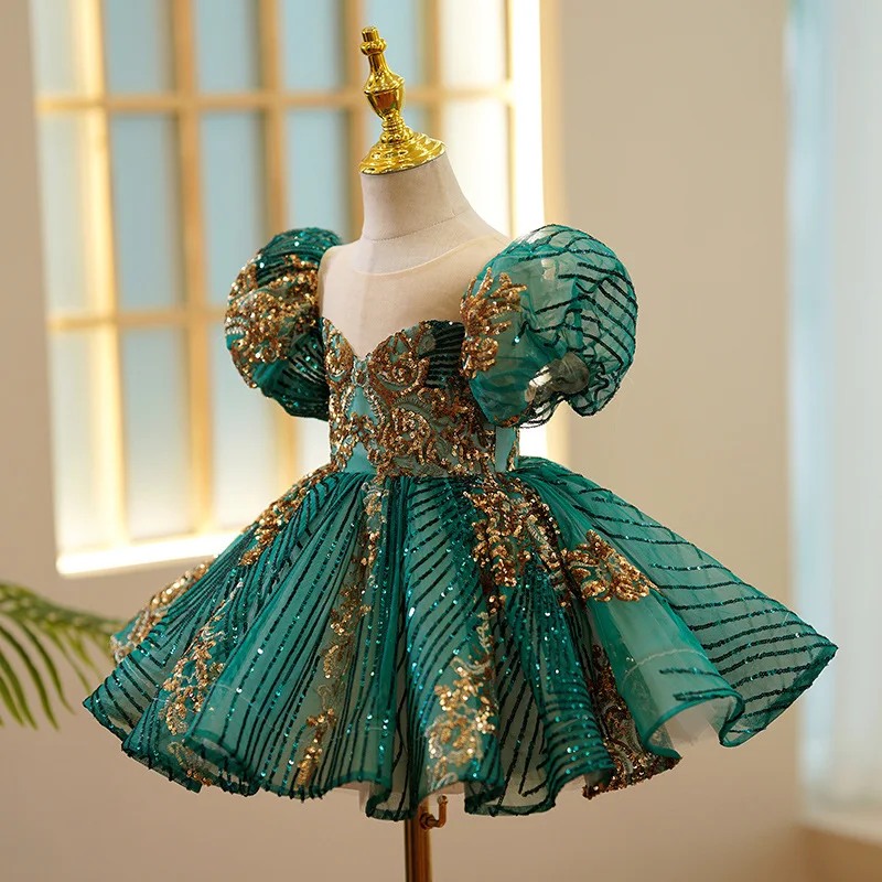 Kids Luxury Party Green Gold Dresses for Girls Size 3 To 14 Years Birthday Photo Shoot Gown Evening Formal Lace Dress Prom Frock
