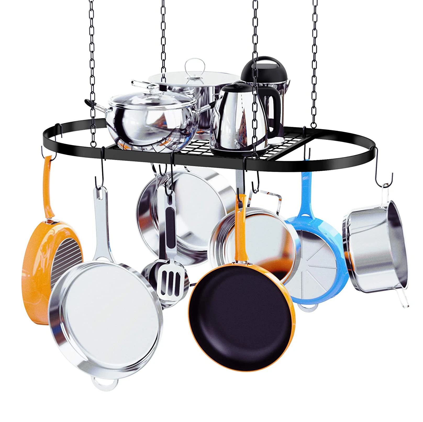 Стеллаж для кастрюль, металлический кухонный держатель для хранения, Регулируемый потолочный стеллаж для кастрюль с крючками