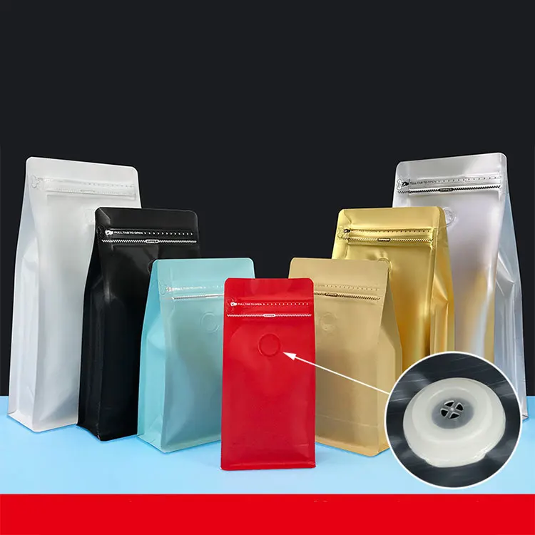 125g 250g 500g 1kg Aluminum Foil Eight Side Seal Flat Bottom Coffee Bean Bags With Valve