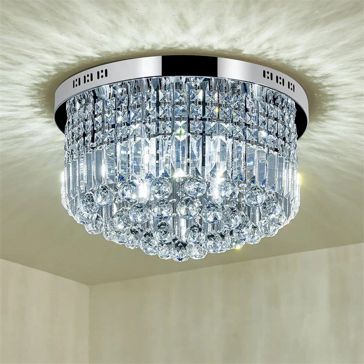 Simple Lobby Living Room Chandelier Rain Drop Round K9 Crystal Ceiling Light Chrome