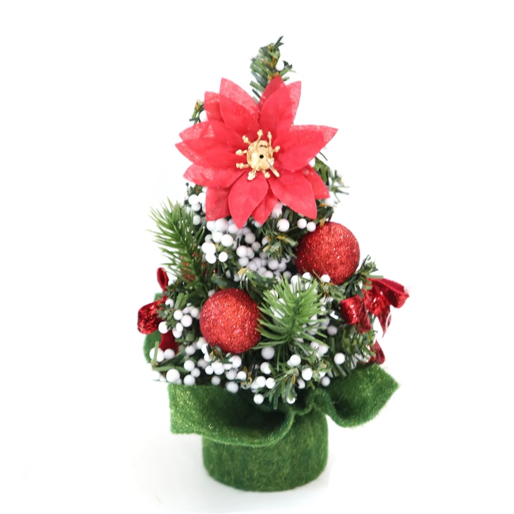 Wholesale Non-woven Fabrics Christmas Tree Artificial Table Mini Tree Christmas Decor Plastic Tree With Red flower and foam ball