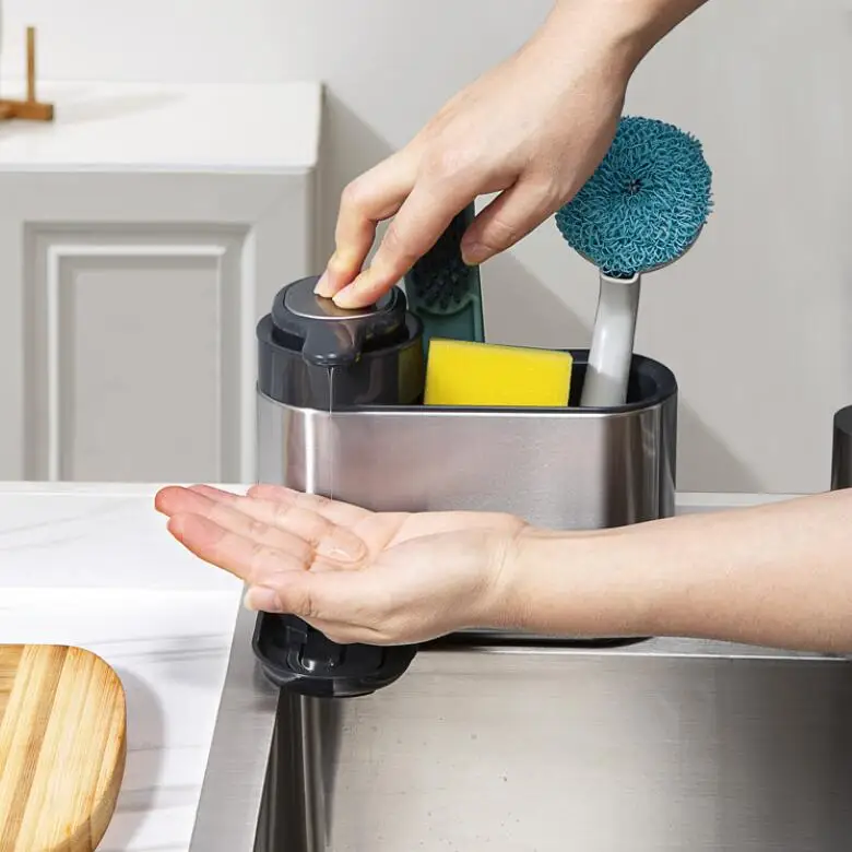 Kitchen Sink Organizer Sponge Holder Soap Dispenser Scrubber Drainer Dishwashing Accessories Sink Caddy With Drain Tray