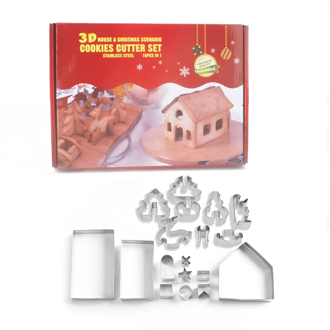 3D Stainless steel cookie house molds, 18pcs set of gingerbread house