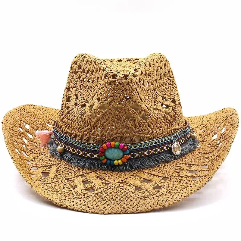Custom Embroidery Boho Style Straw Paper Hat Summer Women Wholesale Western Brown White Straw Cowboy Hats