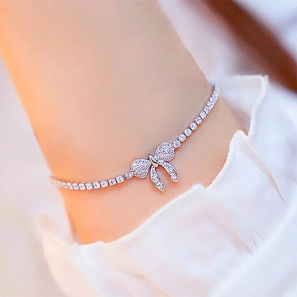 Romantic Iced Out Diamond Butterfly Slider Bracelet Single Row Crystal Rhinestone Tennis Chain Butterfly Bracelet For Women