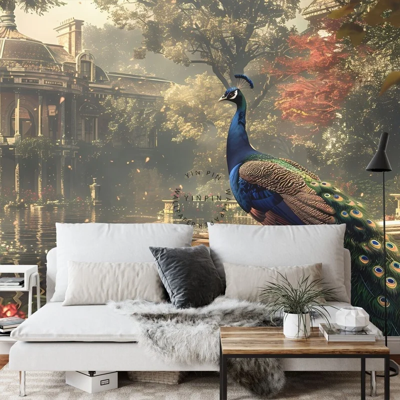 Retro chinese landscape peacock mural wallpaper home decoration