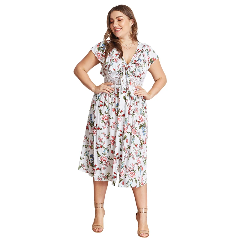 
2020 Summer Women Sexy Hollow Out Lace Print Plus Size Dress 