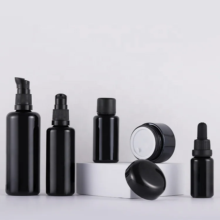 Empty Frosted Black Matte Glass  Bottle Sunscreen Tanning Oil Packaging Skincare Skin Care Cosmetic Bottle Jar Set