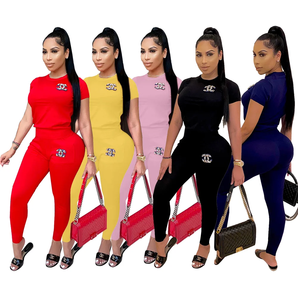 
CC Solid Color Sweat Pants Short Sleeve Tops T Shirt Jogger Tracksuits 2 Two Piece Pants Set Summer Spring Clothing Women 
