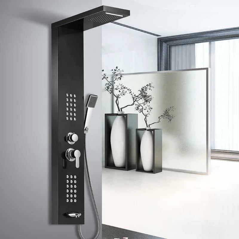 Shower Panel Rainfall Waterfall Shower Faucet Waterfall Black Shower Panel Stainless Steel Contemporary Thermostatic Faucets