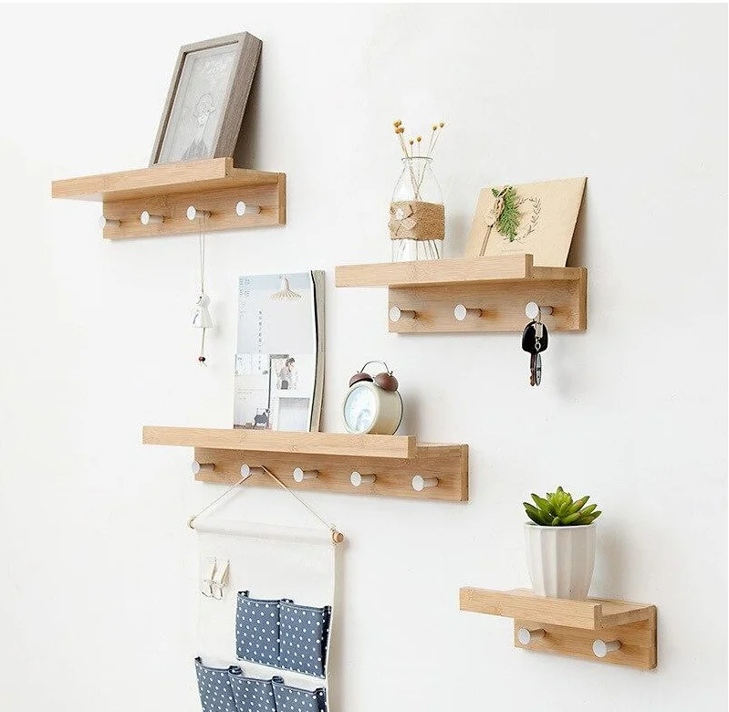 Hot sale home entray solid wood cloth wall shelf with hooks