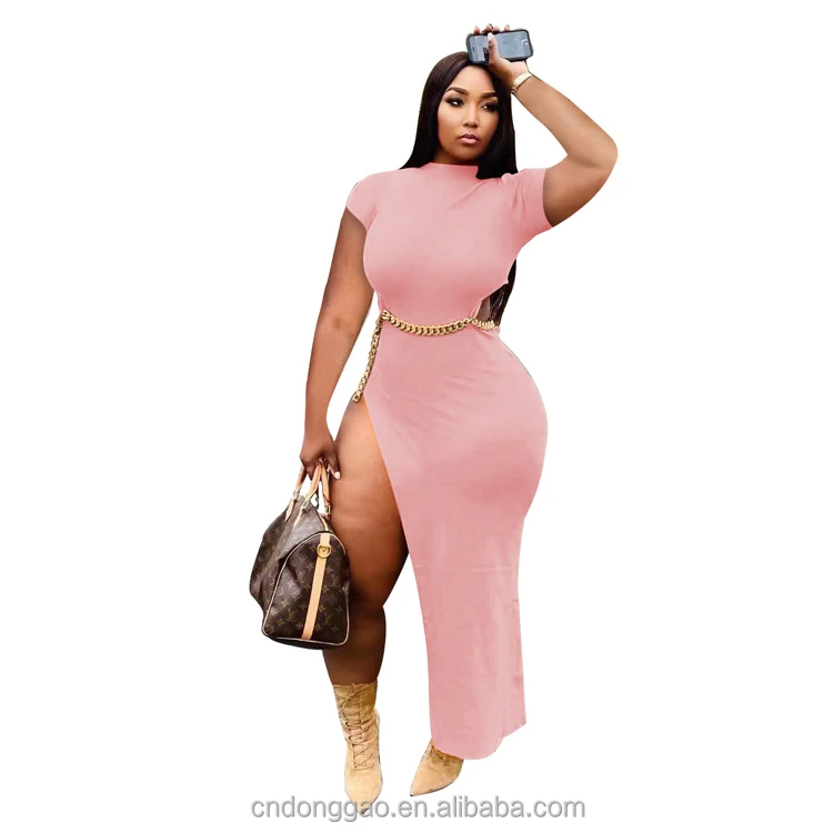 Wholesale Casual Pure Color Short Sleeve High Slit Chains Belted Maxi Dress Elegant Summer Dresses Women