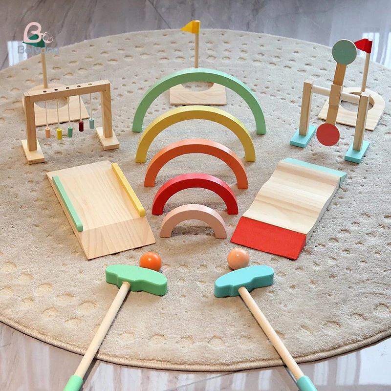 New Arrival Kids Rainbow Color Simulation Golf Ball Balance Training Game Indoor Outdoor Sports Set Wooden Toy