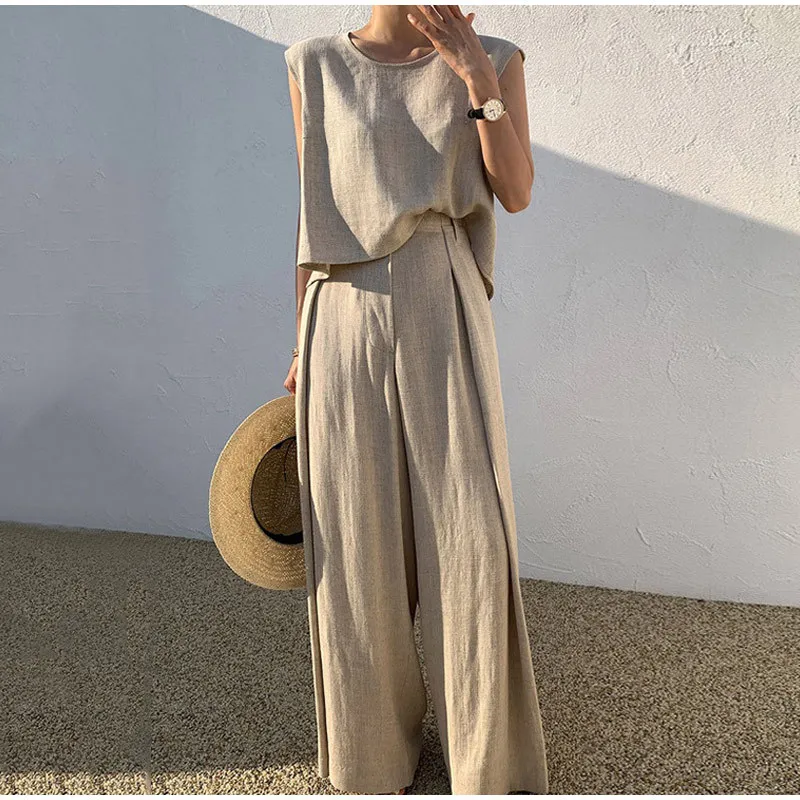 2023 Spring and Summer New Products Cotton Linen Fashion Casual Loose Two-piece Sleeveless Top Loose Wide-leg Pants Women