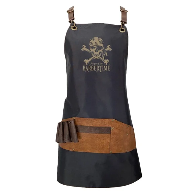 HOT SALE BEST PRICE BARBERTIME BLACK APRON WHOSALE PRICE AND LEATHER POCKETS HAIR CUTTING APRON CANVAS FABRIC BARBERSHOP