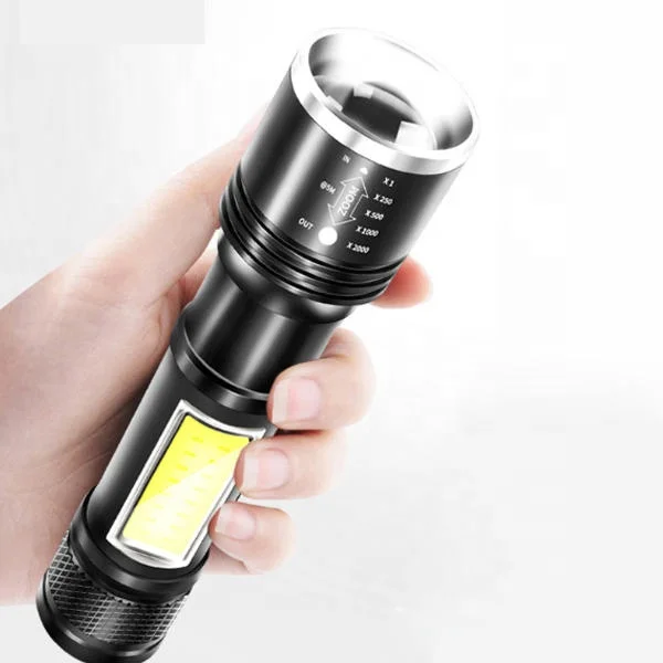 
High Quality USB Rechargeable LED Torch LED Zoomable Aluminium flashlight with LED + COB 2 Source 