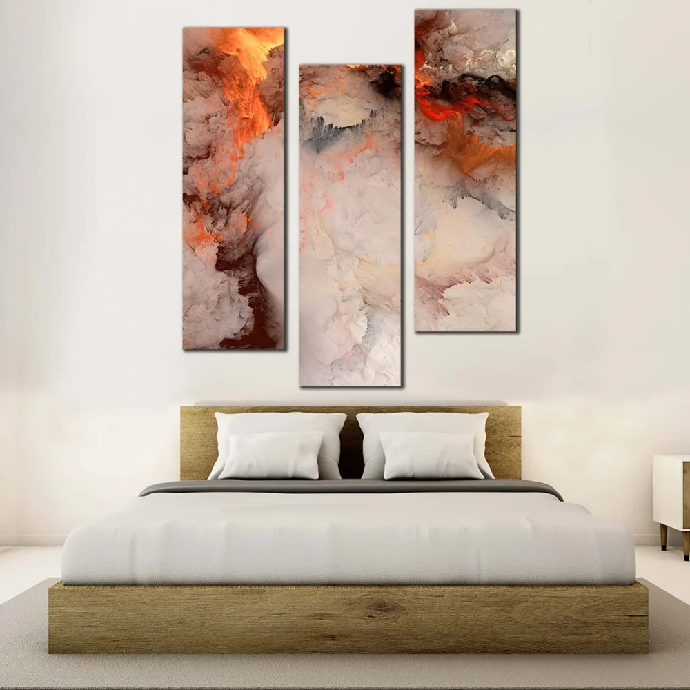 Modern Abstract Canvas Wall Art, Orange White Smoke Texture Abstract 4 Piece Canvas Print, Embossed Fractal on Canvas Set