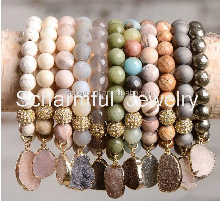 ST00588 Stone Beads Howlite Geode Druzy Pyrite Beads Bracelet Neutral Druzy Pendant Bracelets