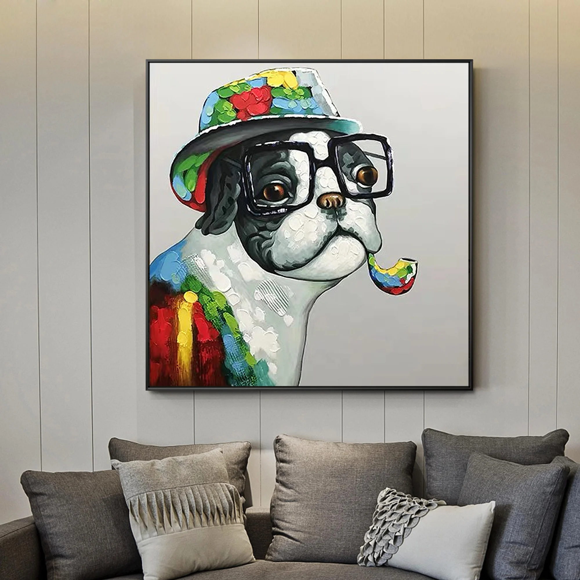 
Pop art painting glasses dog handmade yellow red green animal acrylic painting wall Art pictures for living room home decor 