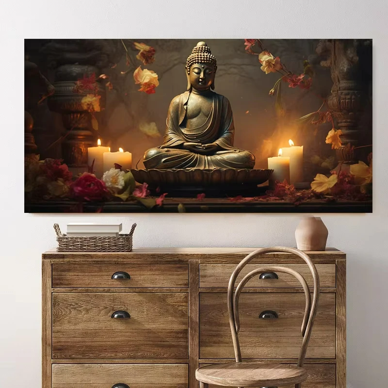 Abstract Meditating Buddha Statue Sitting Lotus Religious Poster Canvas Painting Wall Art Picture Modern Room Home Decor Cuadros