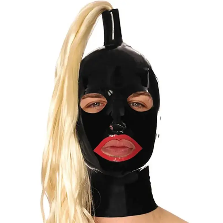 Latex Hood Mask With Mouth Red Trim and Holes for Eyes Nose Zipper Ponytail Wigs Sex