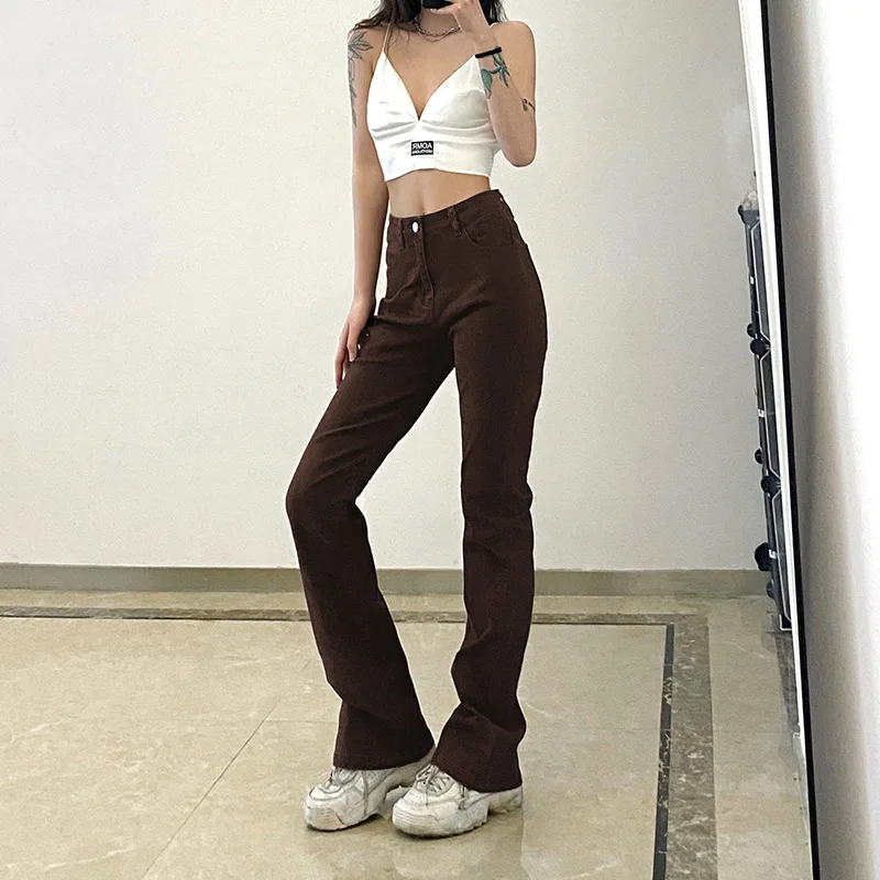 2023 Wholesale High Waist Flared Pants Skinny Denim Jeans Spring Slim Brown Straight Jeans Womens Trousers