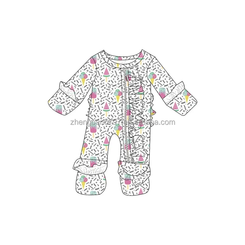 Wholesale Baby Clothes Warm Zipper Romper Custom Rugby Flower Print Bamboo Ruffle Onesie One Piece Pajamas For Kids