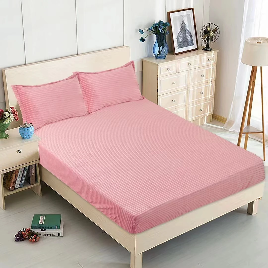 High Weight Flannel Fleece Bedding 3PCS Set Nature Solid Super Soft Coral Velvet Winter Bed Linen Deep Pocket Fitted Sheet Set