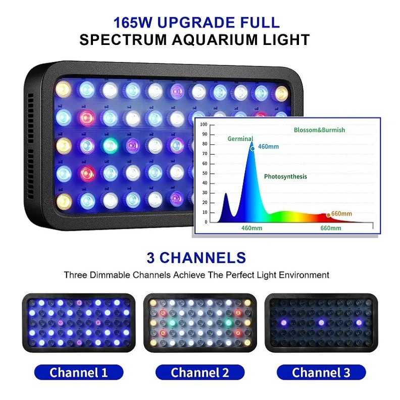 wifi control  coral reef 165w dimmable three channels five models fish tank planted aquarium light led