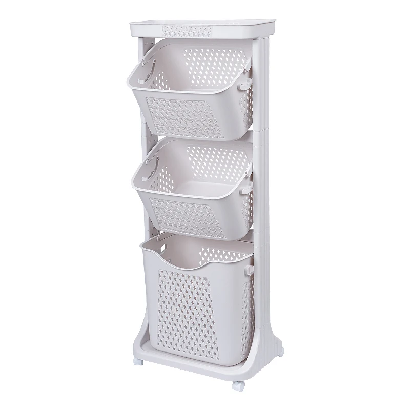 Пластиковая корзина для грязного хранения одежды в ванной комнате, трехуровневая корзина для белья с колесиком