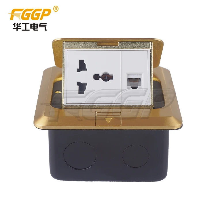 Floor Plate Mounted Brass Pop Up Power Socket with 13A 3 Pin Multi Plug Socket and Network Jack