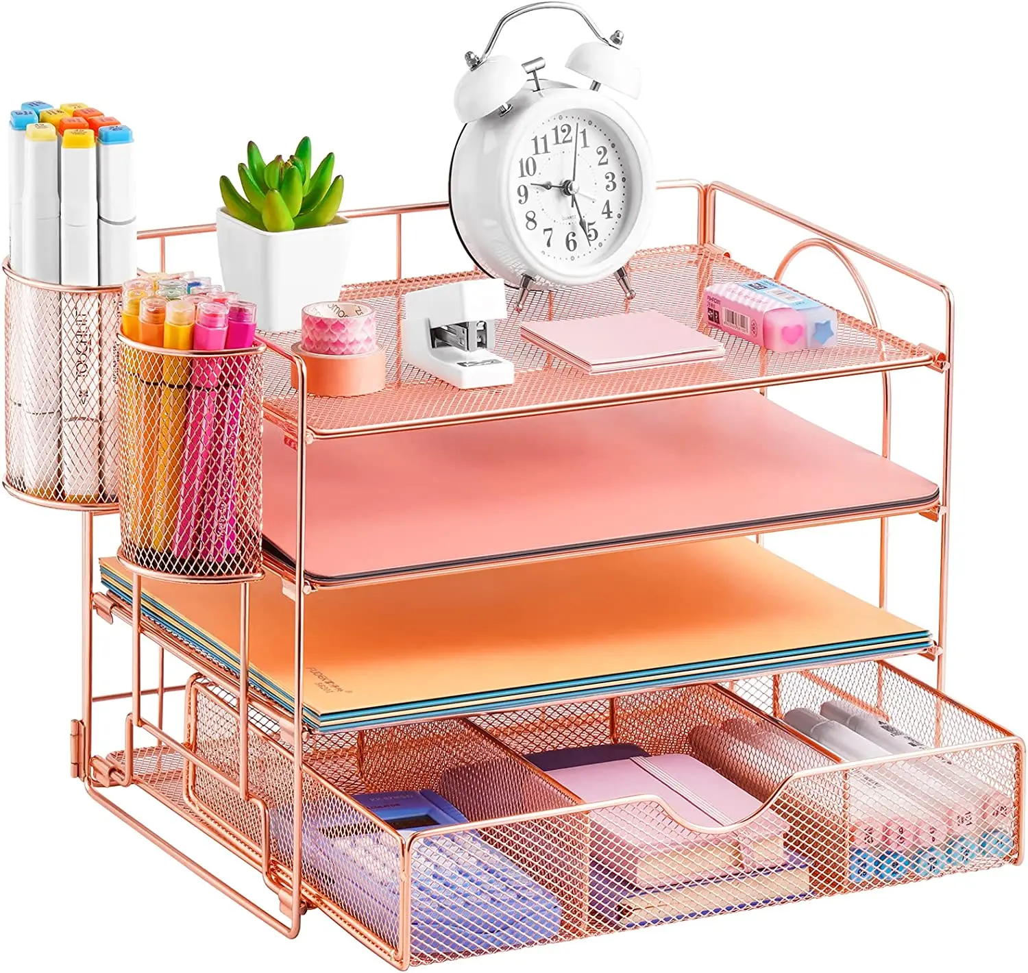 Rose Gold Desk Organizers with Drawer, 4-Trays Desktop File Organizer with Pen Holder  Paper Organizers and Storage for Desk