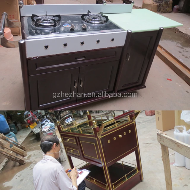 
Luxury Food service Flambe Trolley with double gas stoves and wheels 